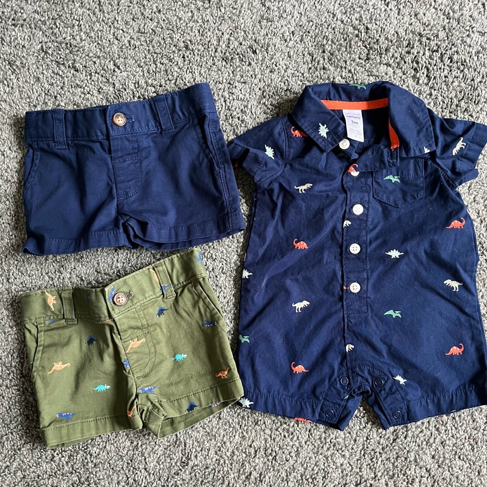 Carters boys 3 month bundle. One romper and 2 pairs of shorts. New without tags.